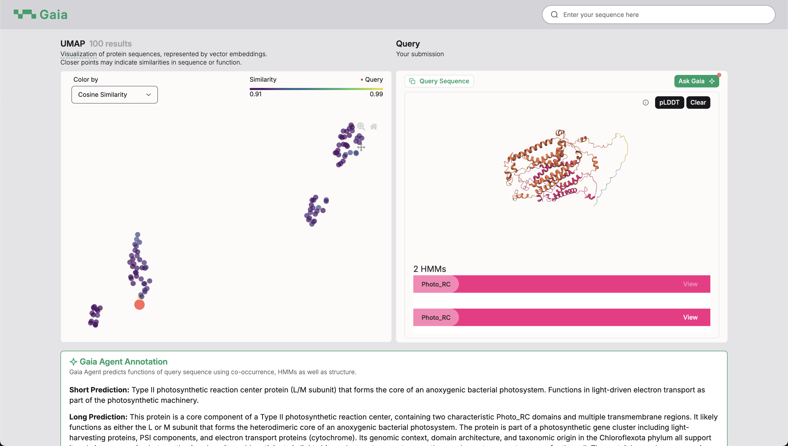 Gaia's main interface showing UMAP visualization, protein structure prediction, and AI-powered annotations